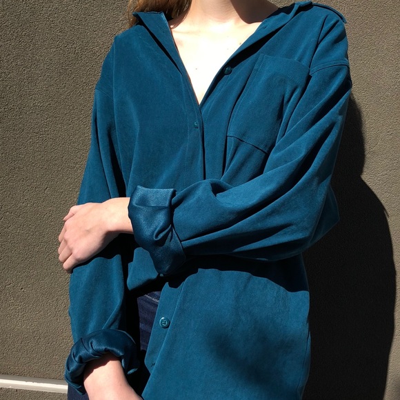 Tops - suede turquoise silk interior button down blouse